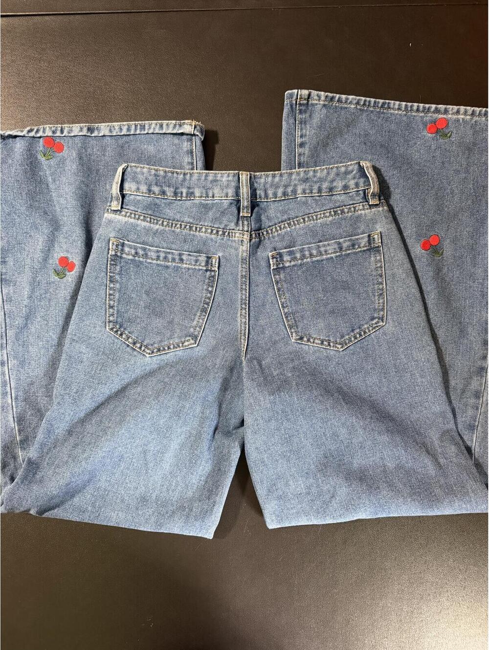 Ashley Mason Premium Women's Light Blue Wide Leg Flare Jeans with Embroidered Ch - Picture 4 of 7
